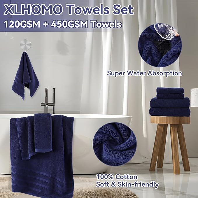 XLHOMO Navy Blue Bathroom Accessories, 24 Pieces Blue and Gold Bathroom Accessories Set with Shower Curtain, Bath Towels, Trash Can, Soap Dispenser and Soap Dish for Bathroom/Housewarming