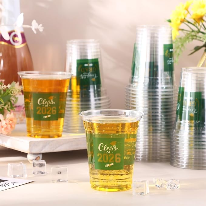 Amyhill 60 Pack 12oz Graduation Cups 2026 Graduation Decorations Disposable Plastic Cups Sturdy&Durable Drinkware for Class of 2026 Decorations Congrats Grad Party Favors Supplies (Gold Green)