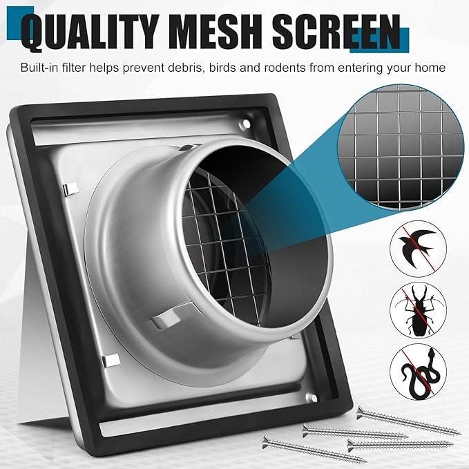 Gisafai 4" Dryer Vent Cover Outside with Stainless Steel Guard Outdoor Wall Dryer Exhaust Vent Cap with Removable Extension Pipe, Non-return Flap and Sealing Gasket Grille Screen