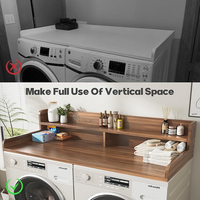 2-Tier Washer and Dryer Countertop,2.75" H Guard,58" W x 28" D Laundry Countertop Cover with Non-Slip Pad,Large Space Laundry Topper for Folding Clothes Over Washer and Dryer-Dark Walnut