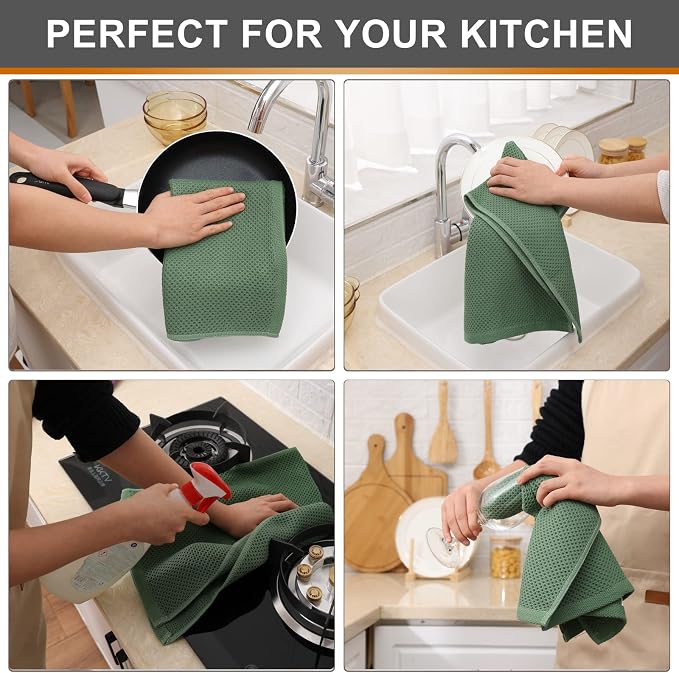 Kitinjoy 100% Cotton Waffle Weave Kitchen Hand Towels (13 x 28 Inches, Grass Green), 4-Pack Super Soft and Absorbent Dish Towels for Drying Dishes