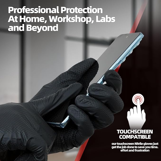Jointown Upgraded 10 Mil Heavy Duty Nitrile Gloves, Mechanic Gloves Nitrile Disposable, with Raised Diamond Texture, Case of 200, Black, Medium