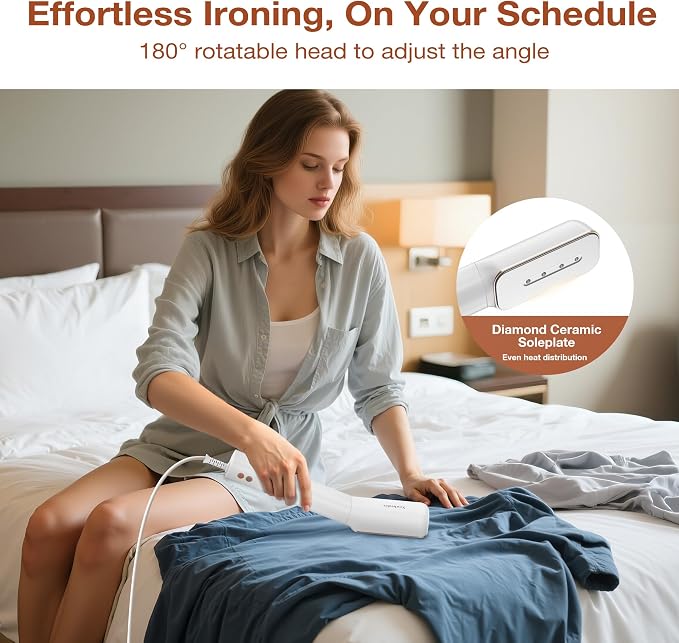 Newbealer 2in1 Travel Iron, 100-240V Clothes Steamer, 2 Steam Levels, Gold | Portable for On-the-Go, Heats in 20s, Dry Iron No Clamp, 180° Rotatable Head, 360° Leak-Proof, Auto-Off, Self-Cleaning, 90ml