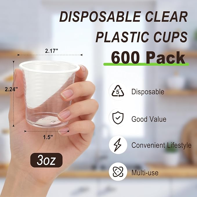 BYSNOW 600 Pack 3 oz Bathroom Plastic Cups, Disposable 3 Ounce Small Water Clear Mouthwash Cups for Picnic, Travel, Halloween, Christmas Parties
