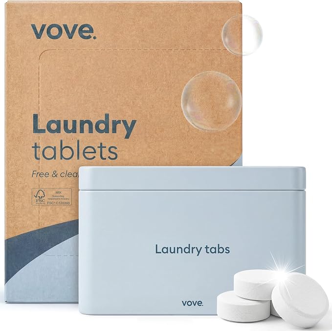 Vove Laundry Detergent Tablet Starter Set, 40 Loads with Reusable Storage Tin - Plastic-Free, PVA-Free, Zero Microplastics - Enzyme-Powered, Plant-Based, Fragrance-Free, Works in Cold Water