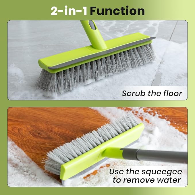 Green Indoor Broom & Floor Scrub Brush for Garage, Patio, Kitchen, Deck, Concrete Floor Cleaning