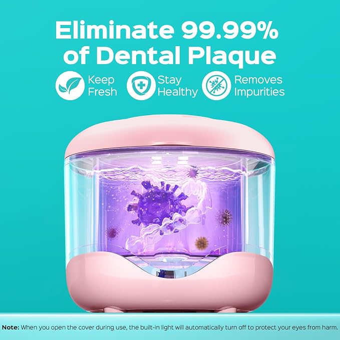 COSLUS C60 Ultrasonic Retainer Cleaner Machine: 45kHz Professional Dental Cleaning Pod for Denture, Mouth Guard, Aligner & Jewelry Deep Cleaning - Removable Tank, Upgraded Durable for Home Use, Pink