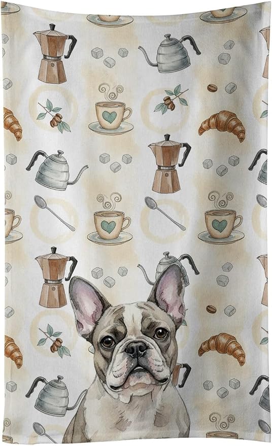 Caroline's Treasures Pied French Bulldog Coffee Bar Kitchen Towel Velour Plush Front and Cotton Loop Back Machine Washable