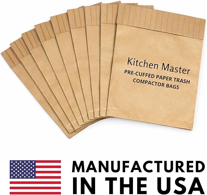 Kitchen Master Super Strong Compactor Bags (12 Pack) | Precuffed, Garbage Compactor Bags, Kitchen Liner, Paper Trash Bin Press, Kitchen Essential, Paper Garbage Press Liner