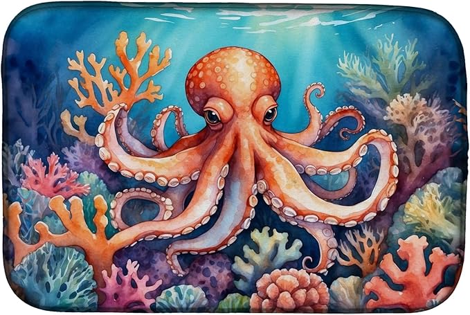 Caroline's Treasures Octopus Among Coral Dish Drying Mat Absorbent Dish Drying Mat Pad for Kitchen Counter Dish Drainer Mat for Countertop, 14 x 21", Multicolor