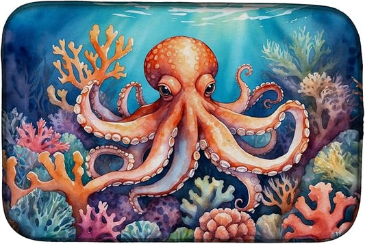 Caroline's Treasures Octopus Among Coral Dish Drying Mat Absorbent Dish Drying Mat Pad for Kitchen Counter Dish Drainer Mat for Countertop, 14 x 21", Multicolor