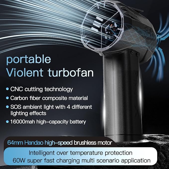 Compressed Air Duster, 16000mAh Rechargeable Cordless Air Blower, with 4 Lighting Effects, 1500 Grams Thrust, for Computer, Keyboard, Outdoor, House and Car