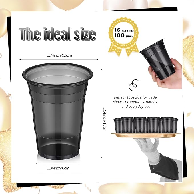 LemonRoad 100 Pack 16oz Black Clear Plastic Cups, Party Disposable Drinking Cups Bulk for Parties Picnics Cold Beverages, Smoothies, Events Celebrations Meeting Wedding Holiday Party