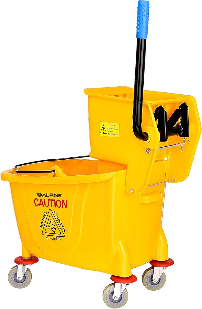 Alpine Mop Bucket & Side Wringer Combo - Heavy Duty & Commercial Janitorial Cart w/Spring Wringer on Wheels for Home & Industrial Cleaning - Commercial Mop Bucket for Business, Yellow