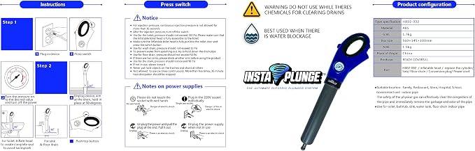 InstaPlunge Electric Plunger System - Unclog and Clear Toilet and Drain Blockage with a Push of a Button, Works in Seconds to Clear Toilets, Shower Drains, Bathroom/Kitchen Sink (Blue/Grey)