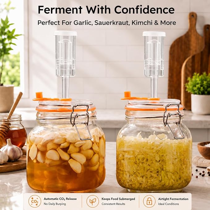 1L Wide Mouth Fermentation Jars, Pack of 2 Complete Fermenting Kit with Airlocks & Glass Weights for Sauerkraut, Kimchi & Pickles