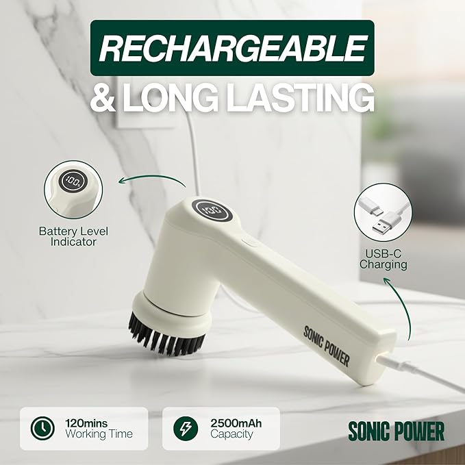 SonicPower Electric Spin Scrubber – Handheld & Ergonomic, IPX7 Waterproof, 4 Multi-Purpose Brush Heads, Long-Lasting Rechargeable Battery – Cleans Dishes, Bathroom, Tile, Grout & Kitchen (Beige)