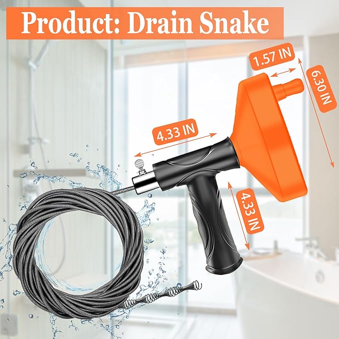 Drain Snake Auger, 33 Feet Plumbing Snake Drain Hair Clog Removal Tool, Sink Unclogger Drain, Heavy Duty Toilet Snake Auger, Cleaner Tool for Bathroom Kitchen Tub Shower Drain Clog Remover with Gloves