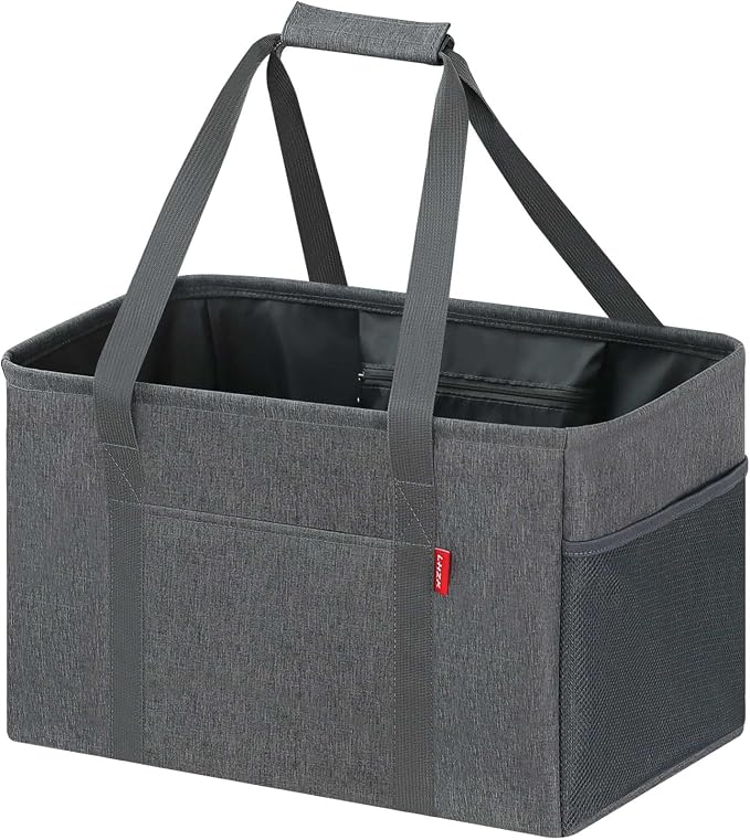 LHZK Standing Utility Tote Bag with Metal Wire Frame and the Sides Rinforced, Large Tote Bag with Handle, Reusable Grocery Bags Foldable, Beach Bag, Car Tote (Grey, 18.5''x11.8''x11.5'')