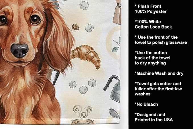 Caroline's Treasures Longhaired Red Dachshund Coffee Bar Kitchen Towel Velour Plush Front and Cotton Loop Back Machine Washable