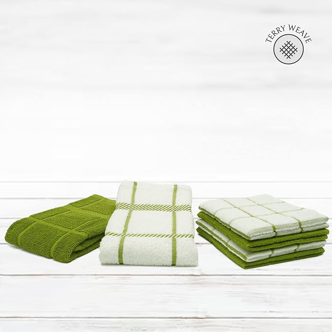 100% Cotton Terry Dish Cloth & Dish Towel, 6 Pack, Super Soft and Absorbent Kitchen Towels, Perfect for Kitchen Cleaning and Dish Washing (Green (DT and DC Combo))