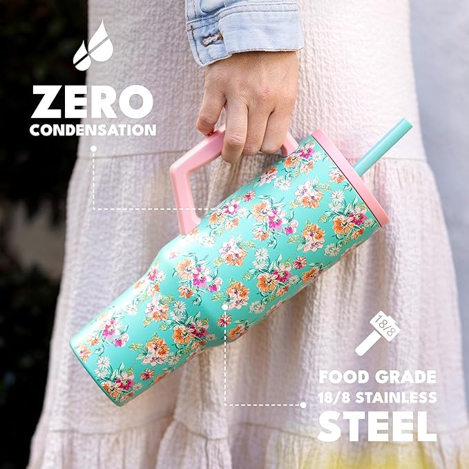 Elemental 40 oz Tumbler with Handle and Straw - Spill Proof Insulated Stainless Steel Commuter for Cold Beverages - Travel Coffee Mug with 2 Straws & Spill Proof Lid - 40oz - Vintage Flower