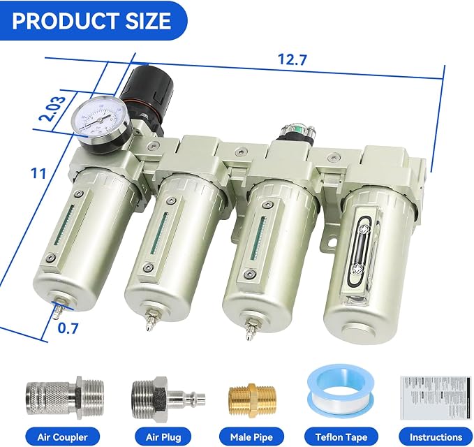 4 Stage 3/4" Air-Dryer-for-Compressor Manual Drain 3Filter&1Dryer System | Air-Compressor-Water-Separator-System for Plasma Cutter and Paint Spray，Manual Drain NPT Industrial Grade