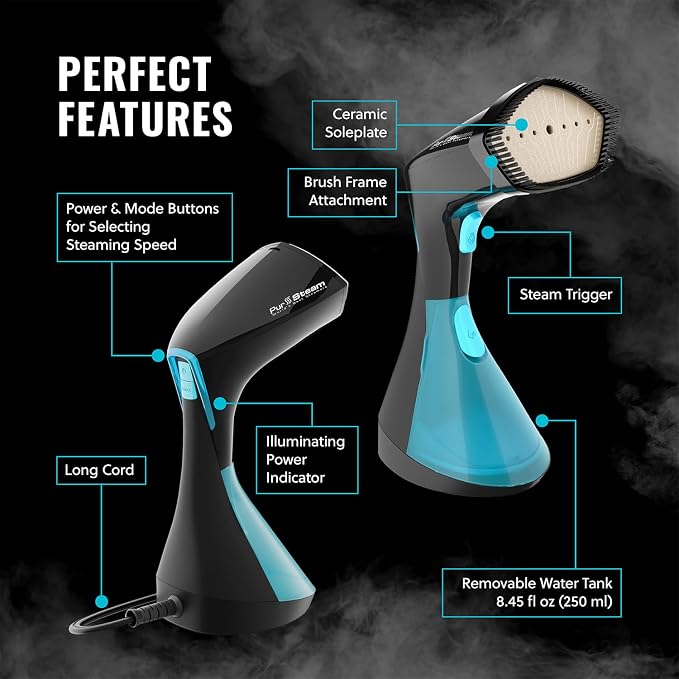 PurSteam Handheld Garment Steamer – 30-Sec Heat-Up, 3 Steam Settings | 1650W | 25-Min Continuous Steam | 8.45 oz Removable Tank | Ceramic Soleplate | Auto Shut-Off | Portable for Home & Travel