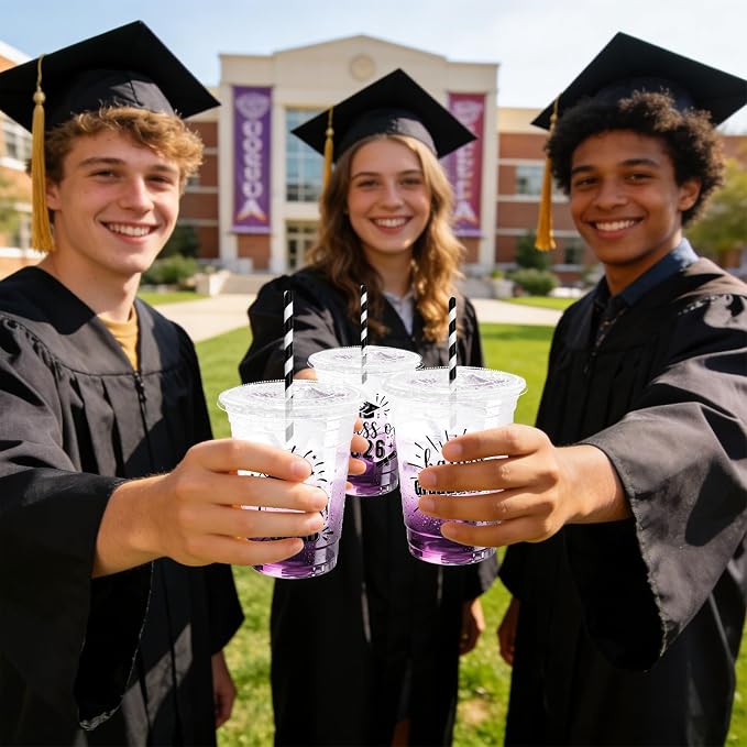 50 Pack Graduation Plastic Cups with Lids Straws 12 oz Black Disposable Class of 2026 Decorations Graduation Party Favor Drinking Beverage Cup for Party Supplies Decorations