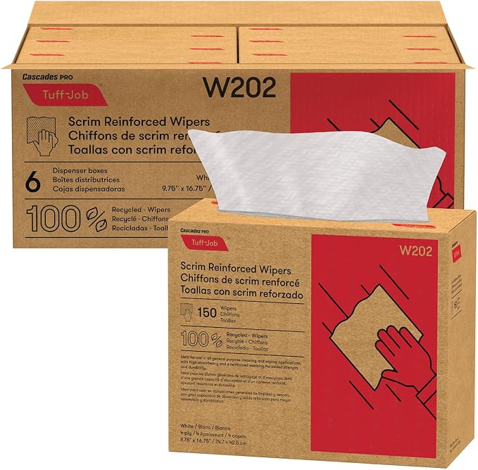 Cascades PRO Tuff-Job Wipers – Disposable Pop-Up Dispenser – Heavy-Duty Cleaning Towels for Shop, Garage, Janitorial, Automotive, Commercial use – 150 Sheets/Pack, 6 Packs/Box – W202 - White