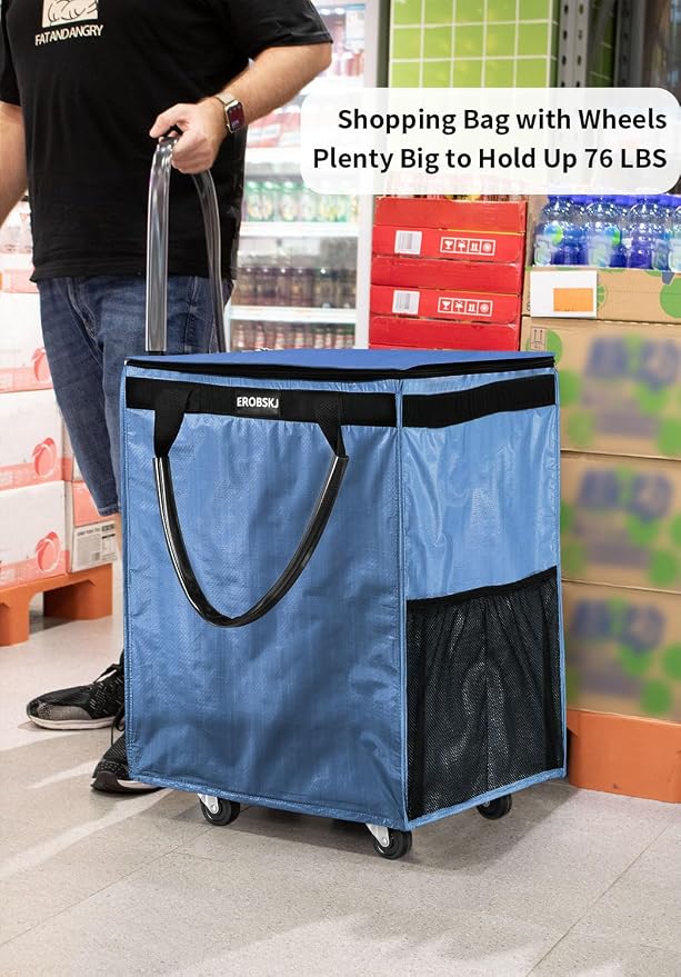 (Medium,Blue) Reusable Grocery Bag on Wheels, 70L Foldable Rolling Tote, Extra Storage for Shopping, Laundry & Moving, Zipper Clouser Shopping Carts for Camping, Moving, 4 Heavy Duty Wheels