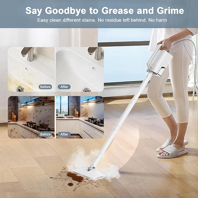 Steam Cleaner, 6 in1 Rotated Steam Mop Cleaner with 2 Modes, 2 Microfiber Pads, 400ML Removable Tank, 23FT Power Cable, Detachable Steam Mops for Floor, Laminate Floor, Tiles Cleaning (Onion White)