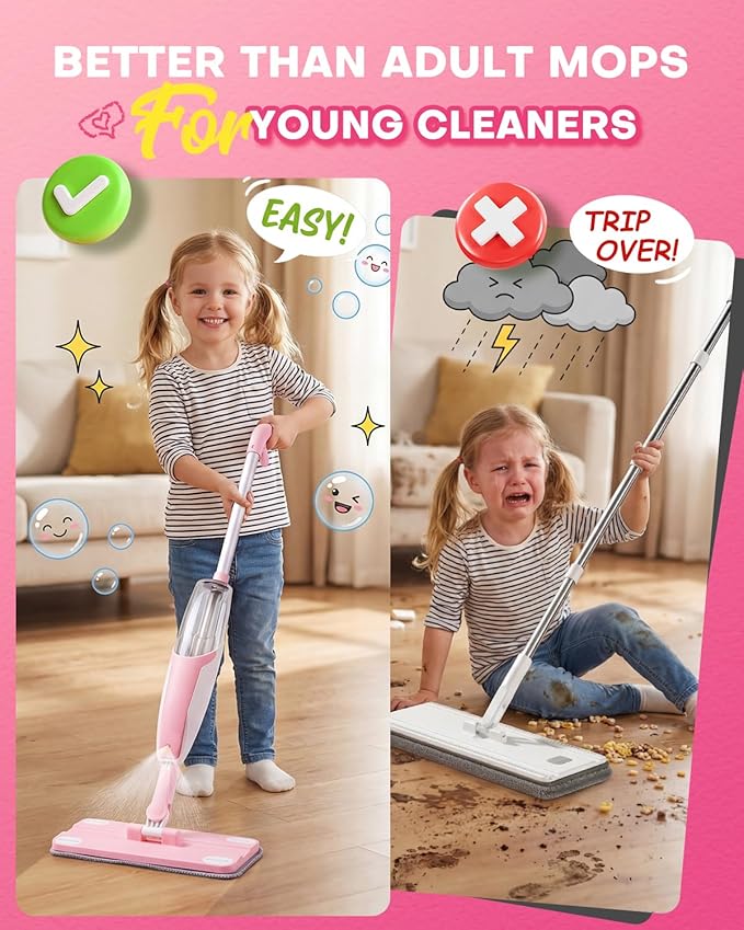 Pink Mini Spray Mop for Toddler-Girls Montessori Cleaning Toy that Real Spray Water,Pretend Playhouse Essentials for Girls Ages 3-8,Toddler Educational Housekeeping Set