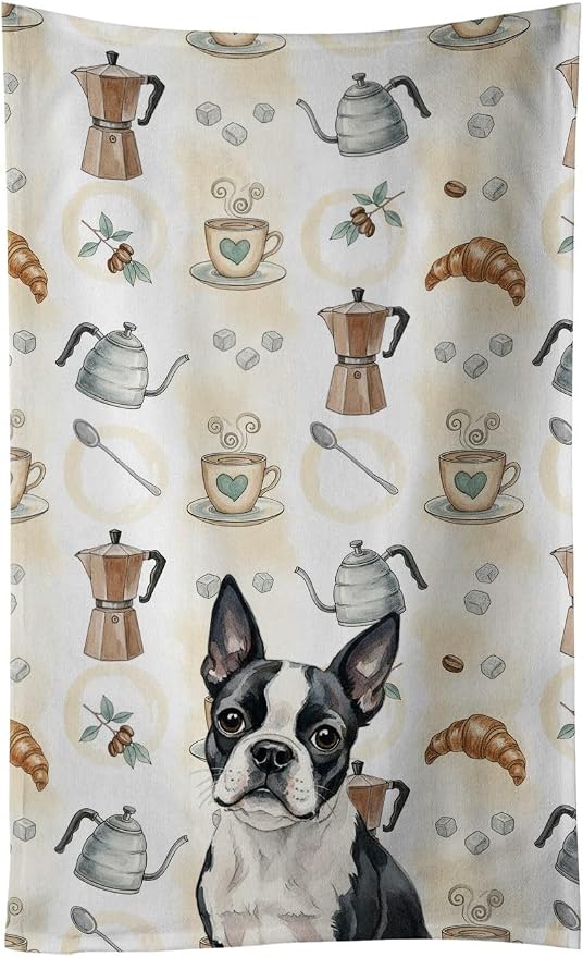 Caroline's Treasures Boston Terrier Coffee Bar Kitchen Towel Velour Plush Front and Cotton Loop Back Machine Washable