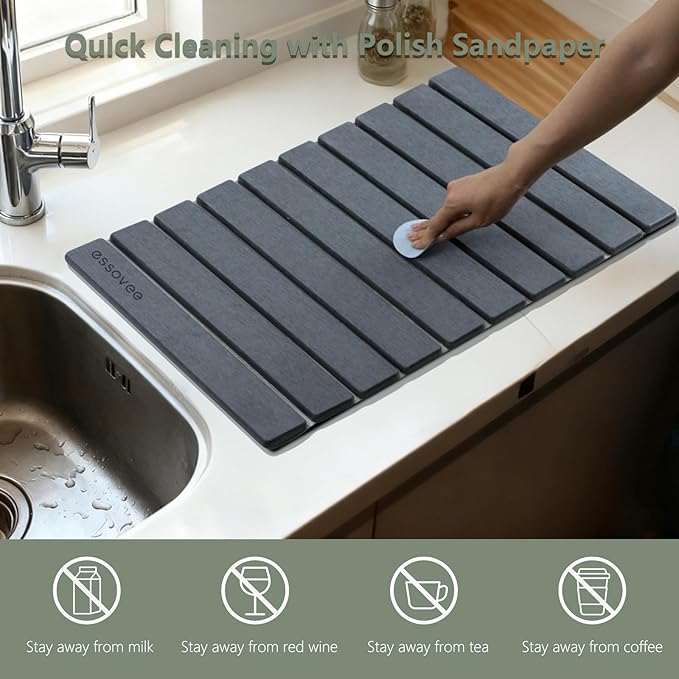 Large Stone Dish Drying Mat for Kitchen Counter, 24"×16" – Quick Drying Diatomaceous Earth, Super Non-Slip, Absorbent, Birthday Gfts for Women Mom Grandma (2PCS Dark Gray, 24" x 16"& 8" x4 ")