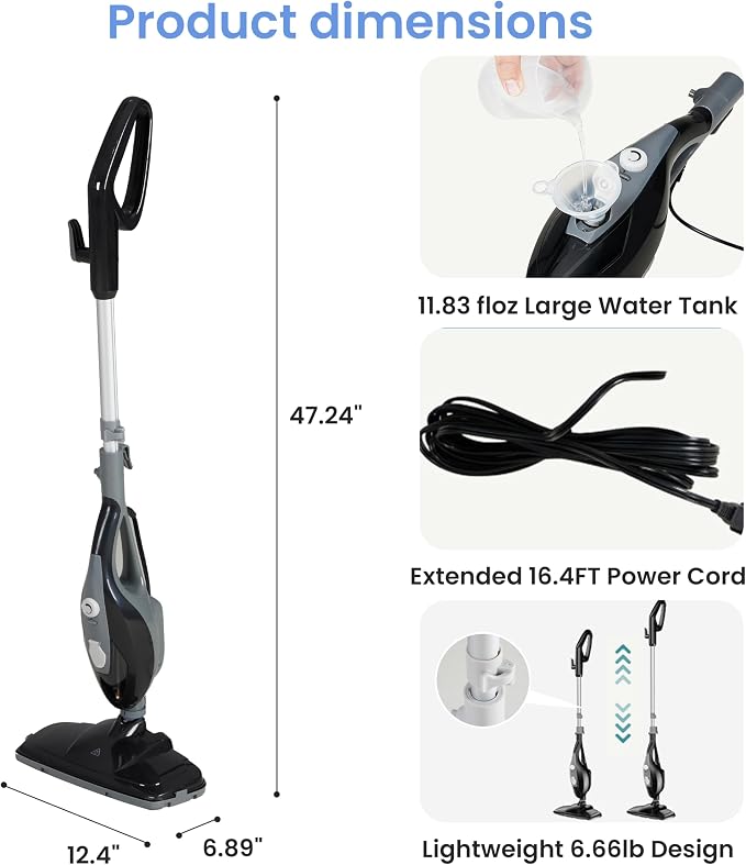 Simple Deluxe 10-in-1 Steam Mop, 1550W Detachable Handheld Steam Cleaner with 16FT Cord & 2 Pads, Multi-Surface Floor Steamer for Hardwood, Tile, Carpet, Windows, Grey