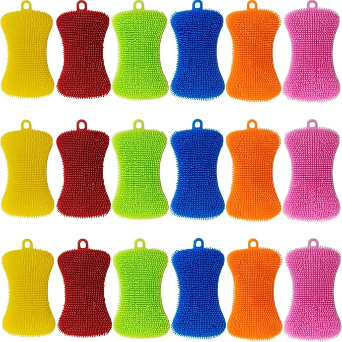 GXXMEI 18PCS Silicone Sponge Dish Washing Kitchen Scrubber, Reusable Dish Washing Cleaning Sponges Double-Sided Multipurpose Non Stick Silicone Dish Sponges for Dishes, Fruit, Vegetable (Multicolor)