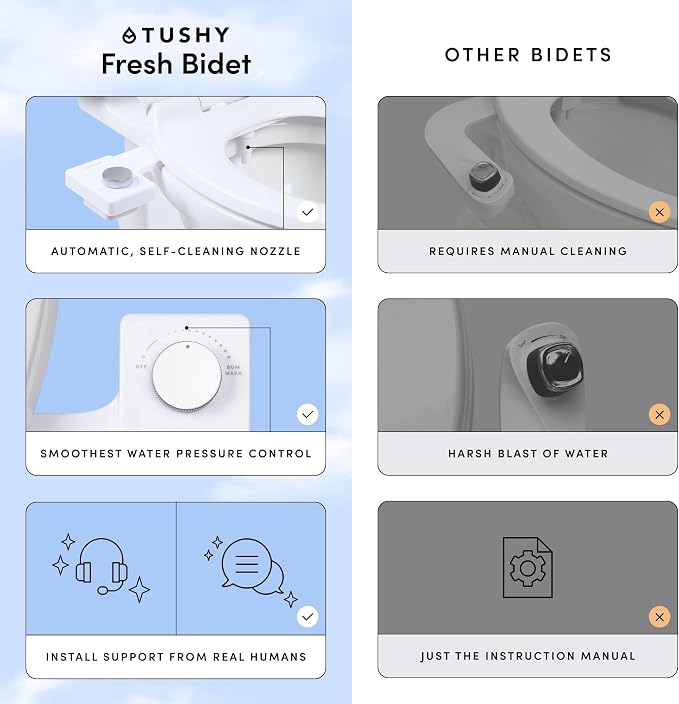 TUSHY Fresh Ultra-Slim Starter Bidet Attachment for Toilet | Non-Electric, Adjustable Water Pressure, Cool Water Rear Wash, Self-Cleaning | Fits Elongated & Round Toilets, Easy 10 Min Install, Bamboo