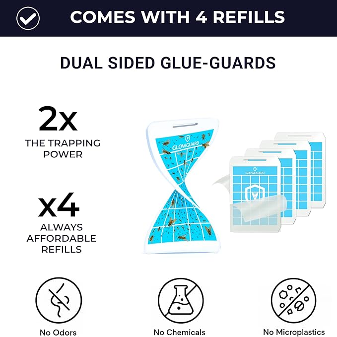 GlowGuard-X Rechargeable Indoor Fly Trap & Gnat Killer, Multi-Purpose Mosquito Trap and Shockless Indoor Bug Zapper, Includes 1 Device + 4 Glue-Card Refills, 48hr Battery Life, Black