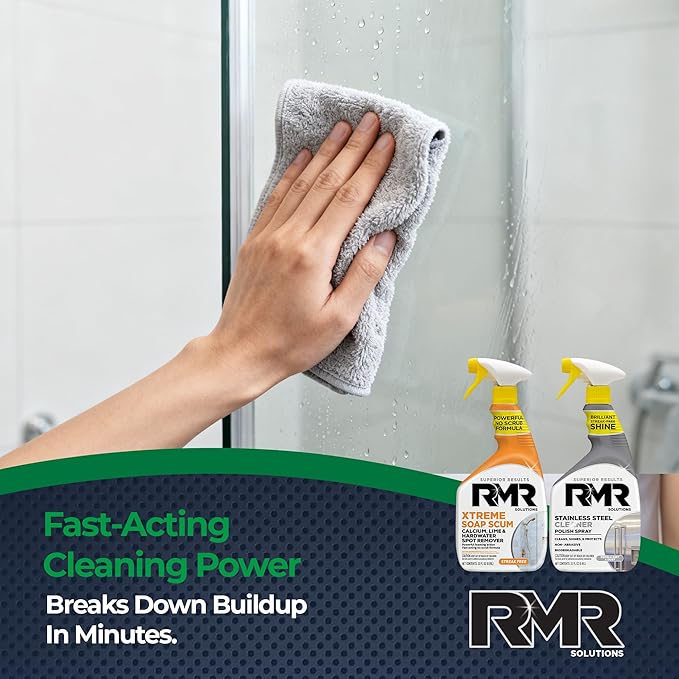 RMR Buildup Breakdown Bundle – Xtreme Soap Scum Remover + Stainless Steel Cleaner Polish, 2-Step Bathroom & Kitchen Cleaning Kit for Shower, Tub, Tile, Glass & Stainless Appliances, 2–32 Oz Bottles