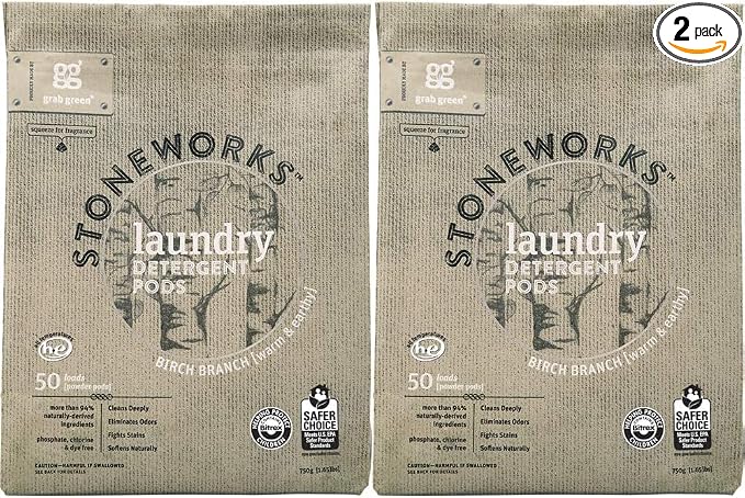 Grab Green Stoneworks Laundry Detergent Pods, 100 Count, Birch Branch | EPA Safer Choice; Plant & Mineral-Based; Fights stains; Eliminates odors; Softens naturally; No Harsh Chemicals
