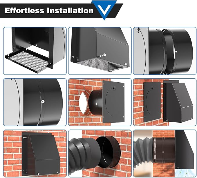 8 Inch Wall Vent with Screen and Damper, Galvanized Steel Hooded Wall Vent Cover with Hose Clamps Aluminum Foil Tape Screws Black Metal Exhaust Duct Cap Kit for Outdoor Kitchen Range Hood Bathroom