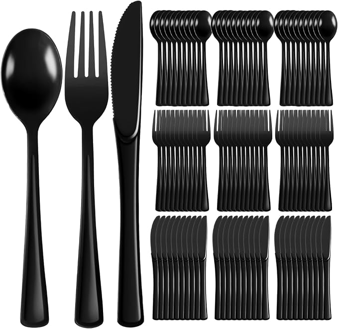 Plastic Silverware 300 PCS Disposable Silverware Heavy Duty Utensil Sets 100 Of Each Forks Knives & Spoons Disposable Cutlery Set For Easter,Birthday,Baby Shower,Garden Party,Wedding(300,Black)