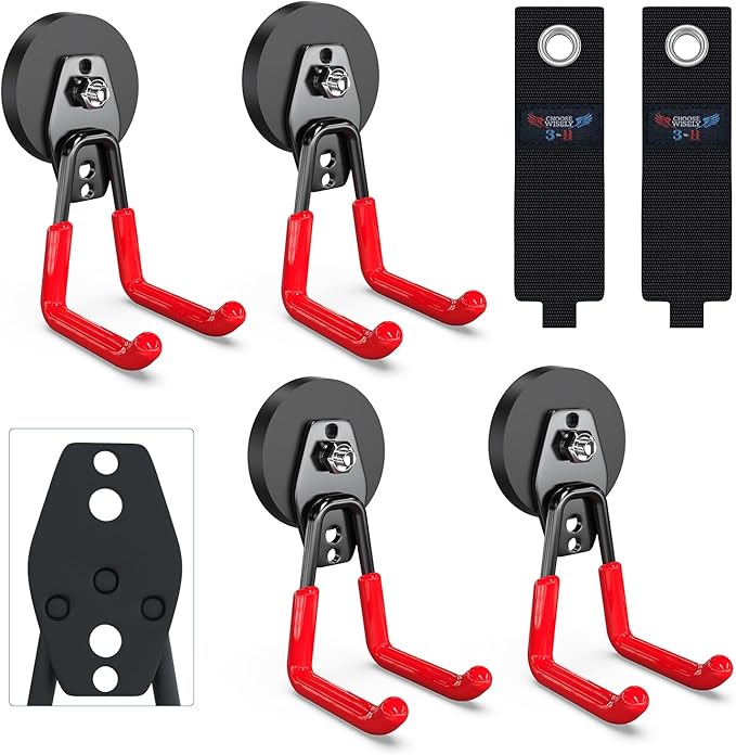 3-H Extra Strong Magnetic Hooks,Heavy Duty Large Anti-Slip Magnet Hooks,No-Drill Tool Holder for Garage,Power Drill,Garden Tools,Hose Storage,4 Pack Red