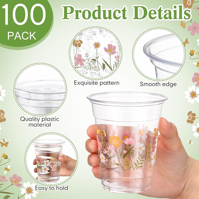 Jingmore 100 Pcs Flower Plastic Cups 12 oz Floral Wildflowers Disposable Clear Drinking Cups Bulk for Summer Spring Wedding Baby Shower Birthday Party Decorations Supplies(Boho Flower,Colorful)