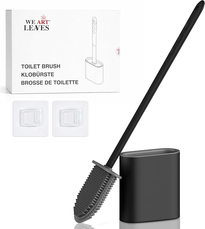 Modern Minimalist Silicone BlackToilet Brush and Holder Set – Pack of 1 Wall Mounted Toilet Bowl Brush – Long Non-Slip Handle, Flexible Bristles for Self-Cleaning & Splash-Free, Easy-Rinse Design