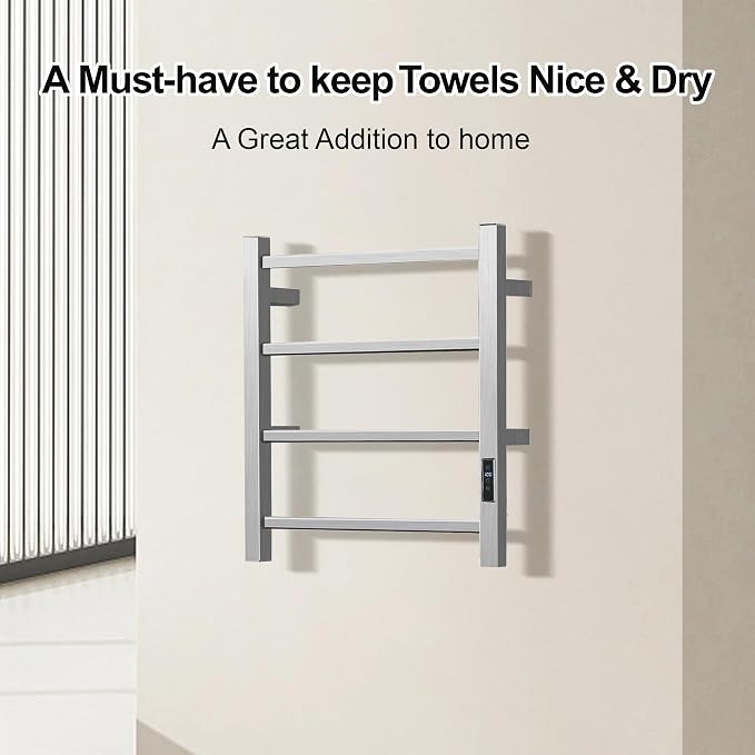 Electric Towel Rack Wall-Mounted Bathroom Heating Towel Warmer,Plug-in,Stainless Steel Material (Square Brushed with Timer, 4 Bar)