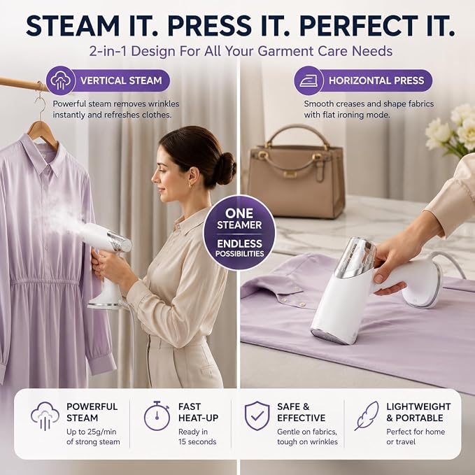 Foldable Handheld Garment Steamer - 1100 Watts of Powerful Steam - Dual Voltage (120-240) Great for worldwide Travel, Comes with Travel Bag (White)