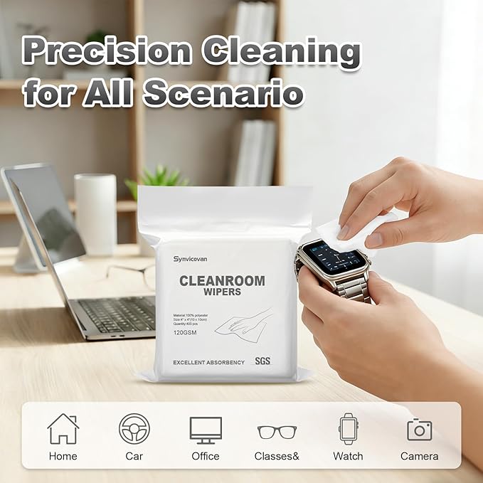 Cleanroom Wipers 4"x4"(400 Pcs, 100% Polyester, Class 100, 120GSM) Double Knit 100% Lint Free Cloths with Ultra-fine Filaments, Laser Sealed Edge Ultra-Soft Wipers