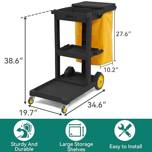 YITAHOME Janitorial Cart Cleaning Carts on Wheels, Black Housekeeping Carts, 3-Shelf Commercial Traditional Plastic Janitor Cart with Lid & 2 Yellow 25 Gallon Vinyl Bag, Mop & Broom Holders, Black